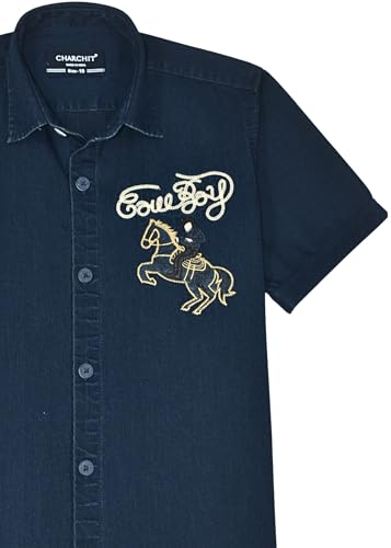 CHARCHIT Boys Half Sleeves Embroidered Shirt Blue