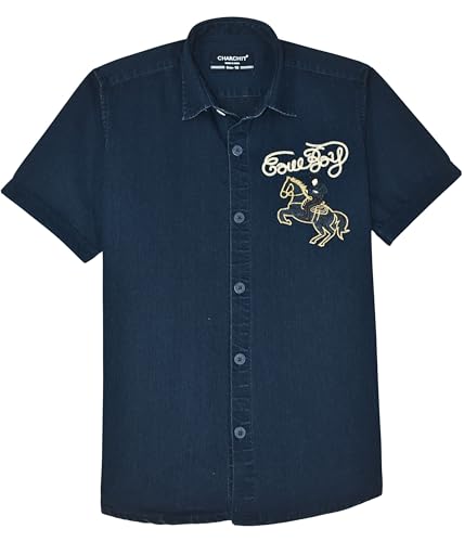 CHARCHIT Boys Half Sleeves Embroidered Shirt Blue