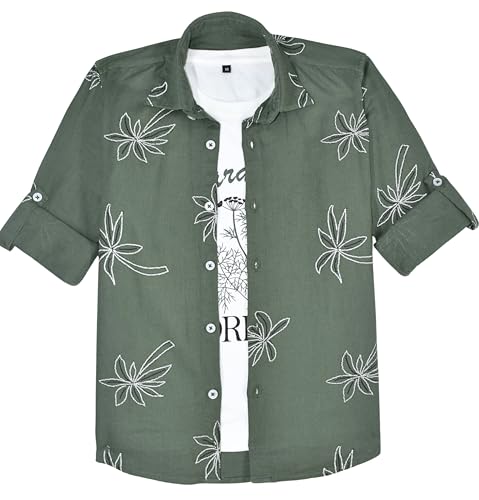 CAVIO Boys Geometric Floral Print Casual Shirt with T-Shirt OliveGreen