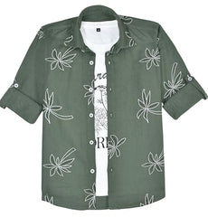 CAVIO Boys Geometric Floral Print Casual Shirt with T-Shirt OliveGreen