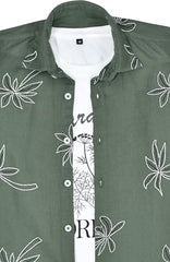CAVIO Boys Geometric Floral Print Casual Shirt with T-Shirt OliveGreen
