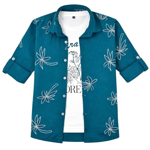 CAVIO Boys Geometric Floral Print Casual Shirt with T-Shirt Blue