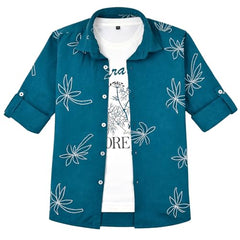 CAVIO Boys Geometric Floral Print Casual Shirt with T-Shirt Blue