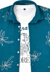 CAVIO Boys Geometric Floral Print Casual Shirt with T-Shirt Blue