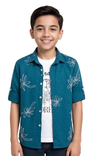 CAVIO Boys Geometric Floral Print Casual Shirt with T-Shirt Blue