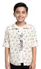 CAVIO Boys Geometric Floral Print Casual Shirt with T-Shirt Cream