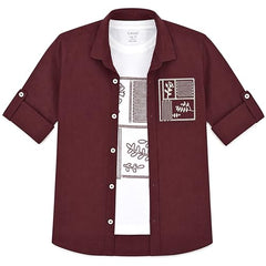 CAVIO Boys Full Sleeves Floral Printed Shirt Whit T-Shirt Rust