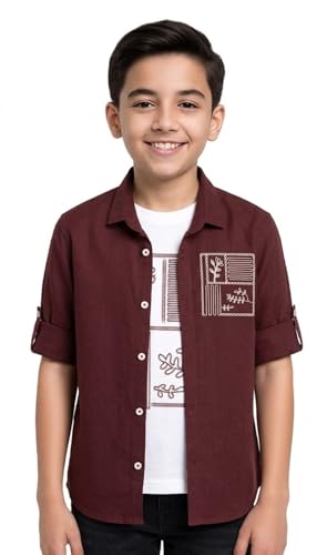 CAVIO Boys Full Sleeves Floral Printed Shirt Whit T-Shirt Rust