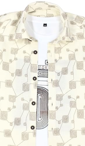 CAVIO Boys Geometric Floral Print Casual Shirt with T-Shirt Cream