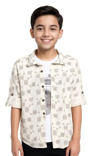 CAVIO Boys Geometric Floral Print Casual Shirt with T-Shirt Cream