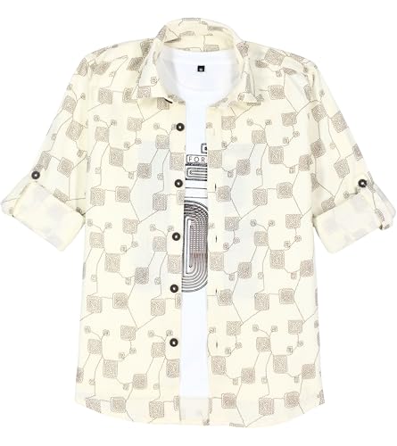 CAVIO Boys Geometric Floral Print Casual Shirt with T-Shirt Cream