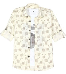 CAVIO Boys Geometric Floral Print Casual Shirt with T-Shirt Cream