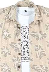 CAVIO Boys Geometric Floral Print Casual Shirt with T-Shirt Khaki
