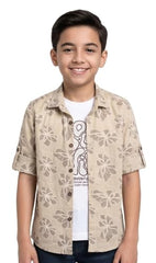 CAVIO Boys Geometric Floral Print Casual Shirt with T-Shirt Khaki