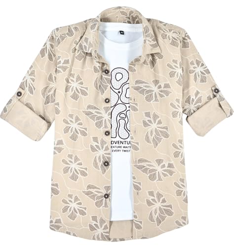 CAVIO Boys Geometric Floral Print Casual Shirt with T-Shirt Khaki