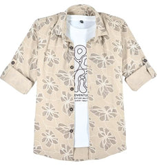 CAVIO Boys Geometric Floral Print Casual Shirt with T-Shirt Khaki