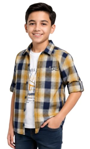 CAVIO Boys Checkered Casual Shirt with T-Shirt Gold