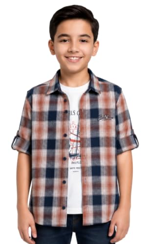 CAVIO Boys Checkered Casual Shirt with T-Shirt Orange