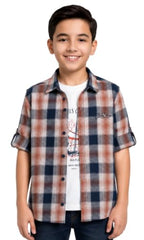CAVIO Boys Checkered Casual Shirt with T-Shirt Orange