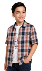 CAVIO Boys Checkered Casual Shirt with T-Shirt Orange