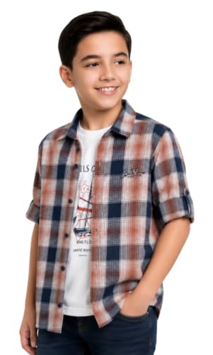 CAVIO Boys Checkered Casual Shirt with T-Shirt Orange