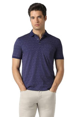 Men Navy Print Polo Neck T-Shirt