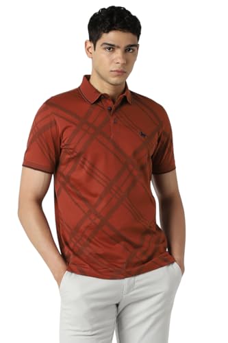 Men's red check polo neck T-shirt by Van Heusen with short sleeves and a classic check pattern, displayed on a mannequin.