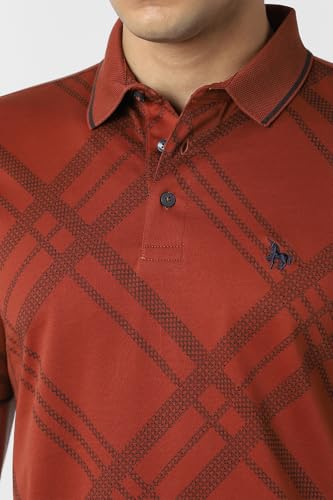 Men's red check polo neck T-shirt by Van Heusen, featuring a classic check pattern and short sleeves, casual upper wear for men.