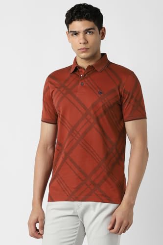 Men's red check polo neck T-shirt by Van Heusen, featuring a classic check pattern and long sleeve design.