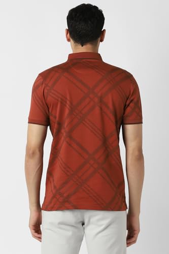 Men's red check polo neck T-shirt by Van Heusen, featuring a classic check pattern and short sleeves.