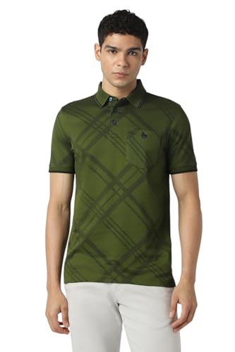 Van Heusen men's olive checkered long-sleeve T-shirt with regular fit, casual upper wear, visible checkered pattern and collar.