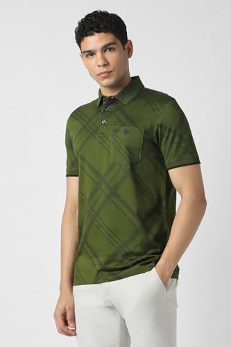 Van Heusen men's checkered long-sleeve T-shirt in olive green, regular fit, with a classic collar and button placket.