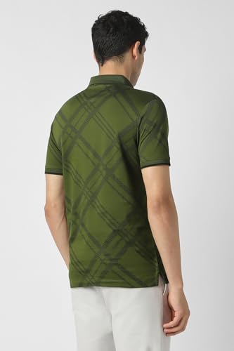 Van Heusen men's olive checkered long-sleeve T-shirt, regular fit, casual upper wear with buttoned collar detail.
