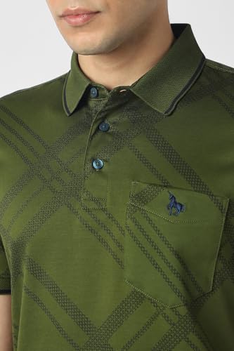 Van Heusen men's checkered long-sleeve T-shirt in olive green, regular fit, casual upper clothing, front view.