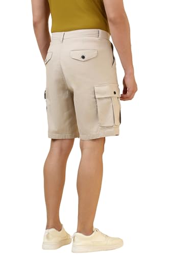 Allen Solly men's beige solid bermuda shorts, casual sportswear for men, displayed on a mannequin