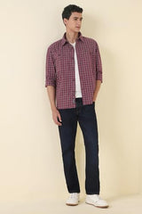 Men Maroon Slim Fit Check Full Sleeves Casual Shirt