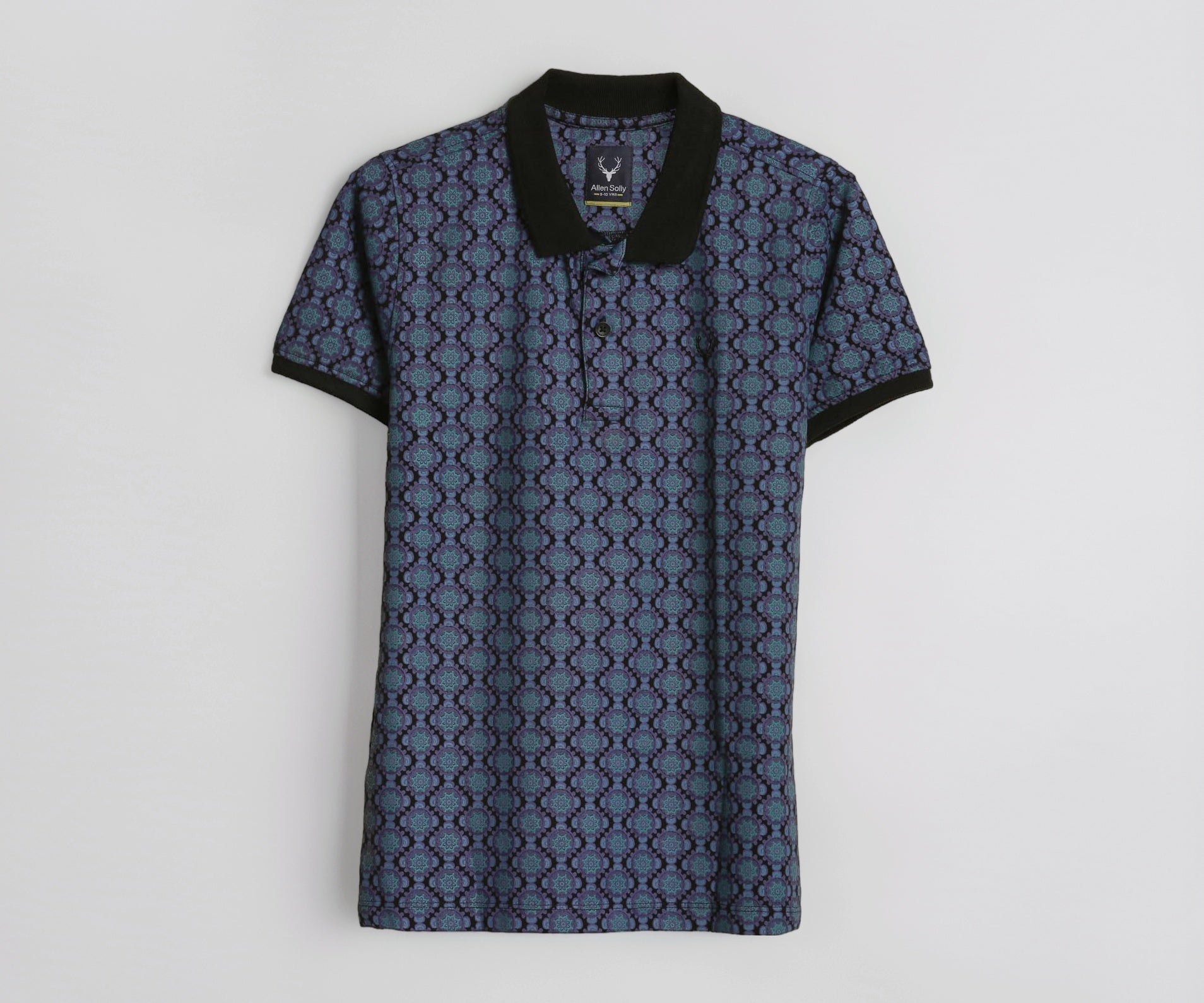 Boys Black Print Polo Neck T-Shirt