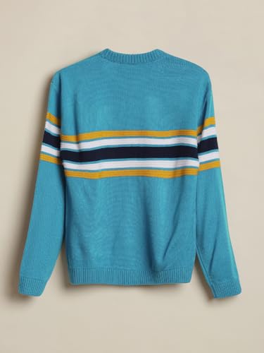 Allen Solly boys' blue acrylic crew neck sweater, winterwear pullover with ribbed cuffs and neckline, suitable for cold weather.