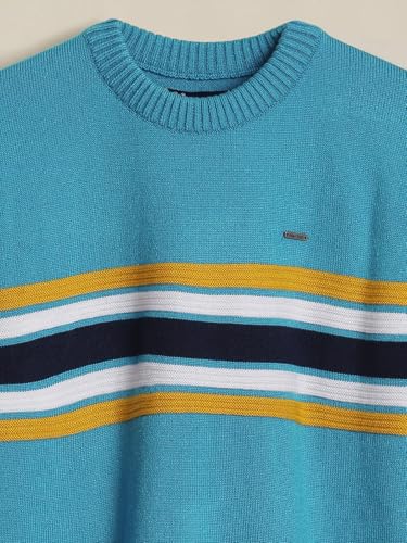 Blue Allen Solly boys' acrylic crew neck sweater with ribbed cuffs and hem, suitable for winter wear.
