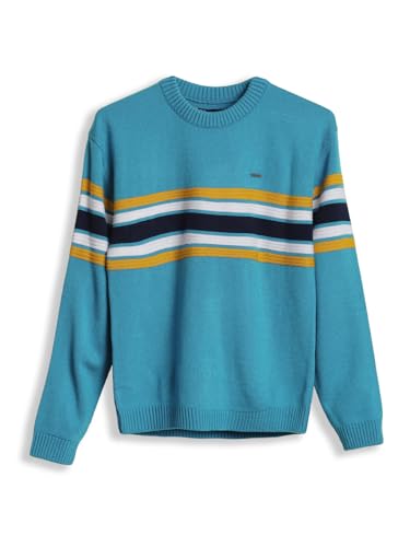 Allen Solly boys' blue acrylic crew neck sweater, winterwear pullover with ribbed collar and cuffs, casual and warm for boys.
