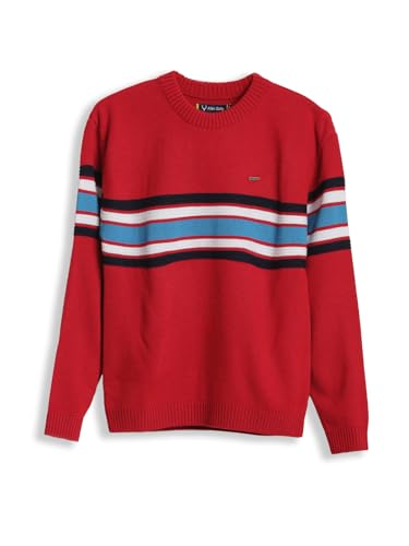 Red Allen Solly boys' acrylic crew neck sweater, cozy winterwear pullover with ribbed cuffs and neckline, suitable for boys.