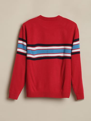 Red Allen Solly boys' acrylic crew neck sweater, cozy winter pullover with ribbed cuffs and collar, suitable for boys' winterwear.