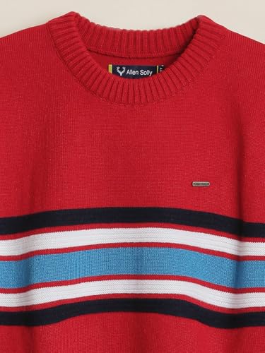 Red Allen Solly boy's acrylic crew neck sweater, boys' winterwear pullover with ribbed cuffs and classic fit.