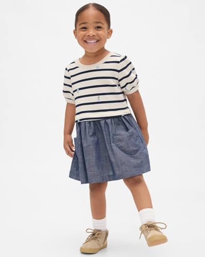 Girls' blue horizontal stripes puff A-line crew neck dress for 2-year-olds, from Gap, featuring a stylish midi dress design.
