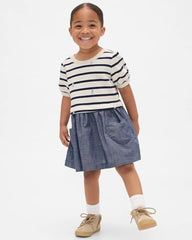Girls' blue horizontal stripes puff A-line crew neck dress for 2-year-olds, from Gap, featuring a stylish midi dress design.