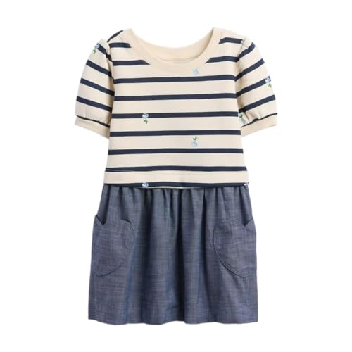 Girls' blue horizontal stripes puff A-line crew neck dress for 2-year-olds, featuring a stylish midi design by Gap.