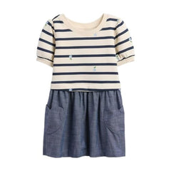 Girls' blue horizontal stripes puff A-line crew neck dress for 2-year-olds, featuring a stylish midi design by Gap.