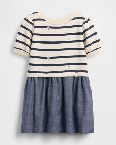 Girls' blue horizontal stripes puff A-line crew neck dress from Gap, size 2Y, featuring a charming and comfortable design.