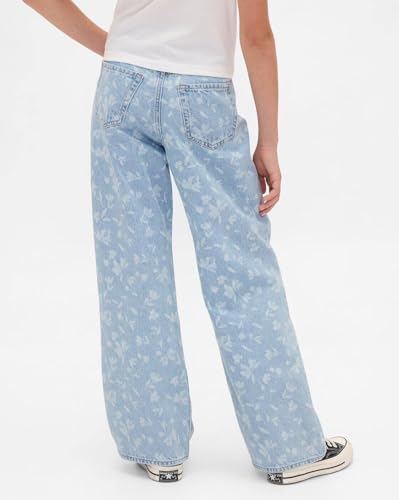 Girls' Floral Mid Rise Wide-Leg Jeans, Light Blue, 12Y