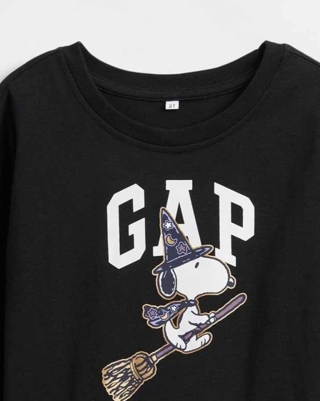 Girls' Snoopy Character Print Crew Neck Drop-Shoulder T-Shirt, Black, 4Y